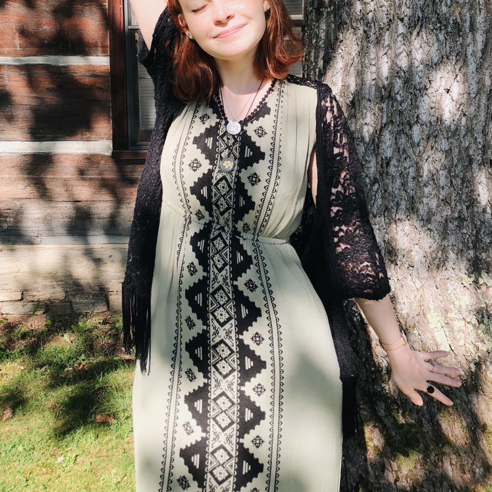 olive green tribal pattern slit maxi dress